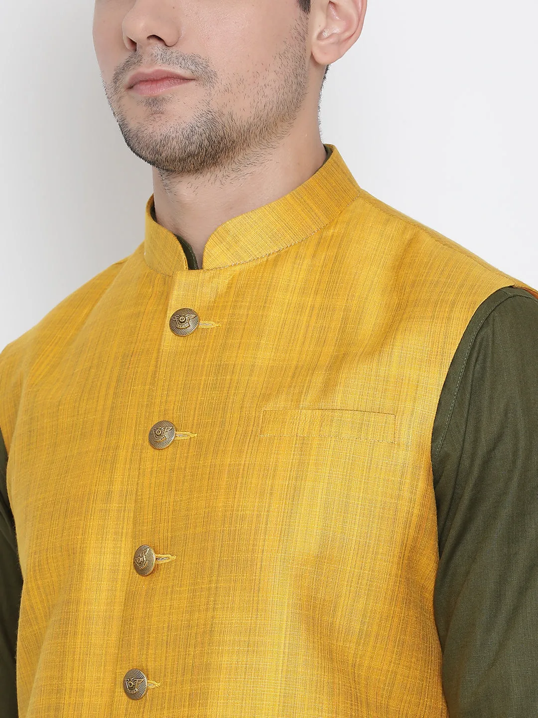 Jashvi Men's Green Cotton Blend Kurta, Ethnic Jacket and Pyjama Set