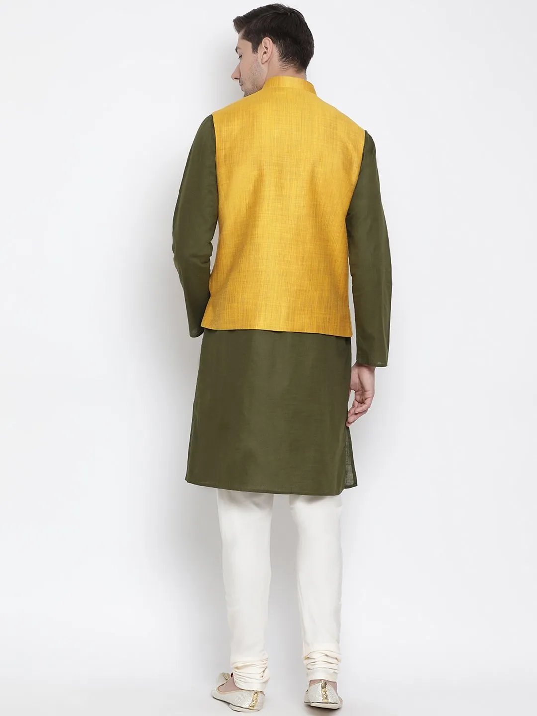 Jashvi Men's Green Cotton Blend Kurta, Ethnic Jacket and Pyjama Set