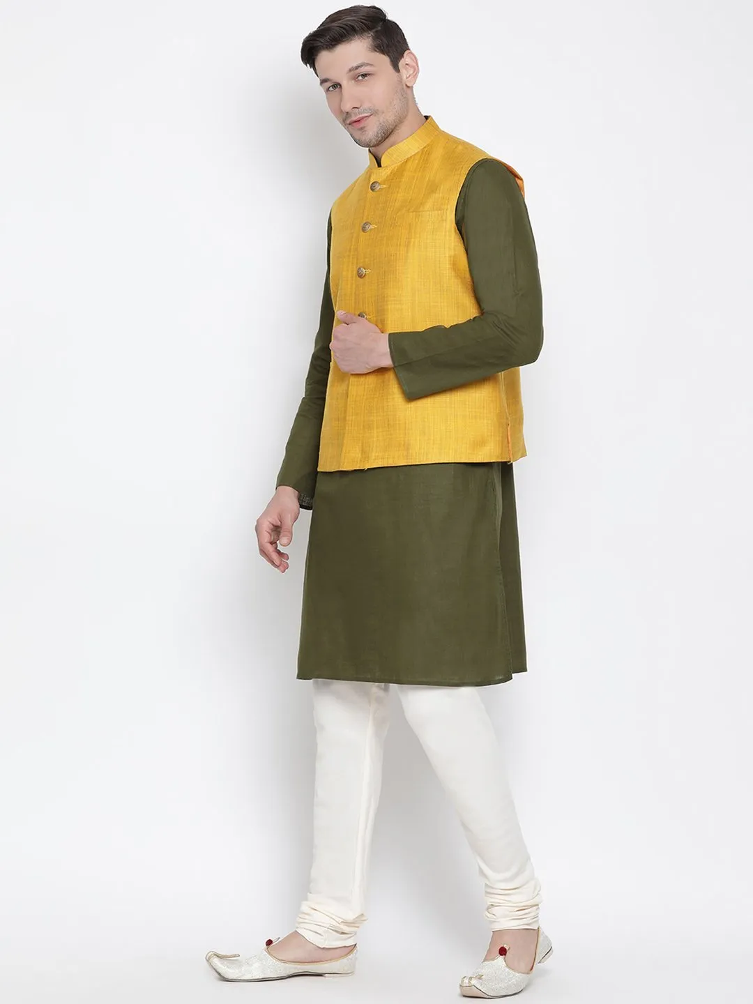 Jashvi Men's Green Cotton Blend Kurta, Ethnic Jacket and Pyjama Set