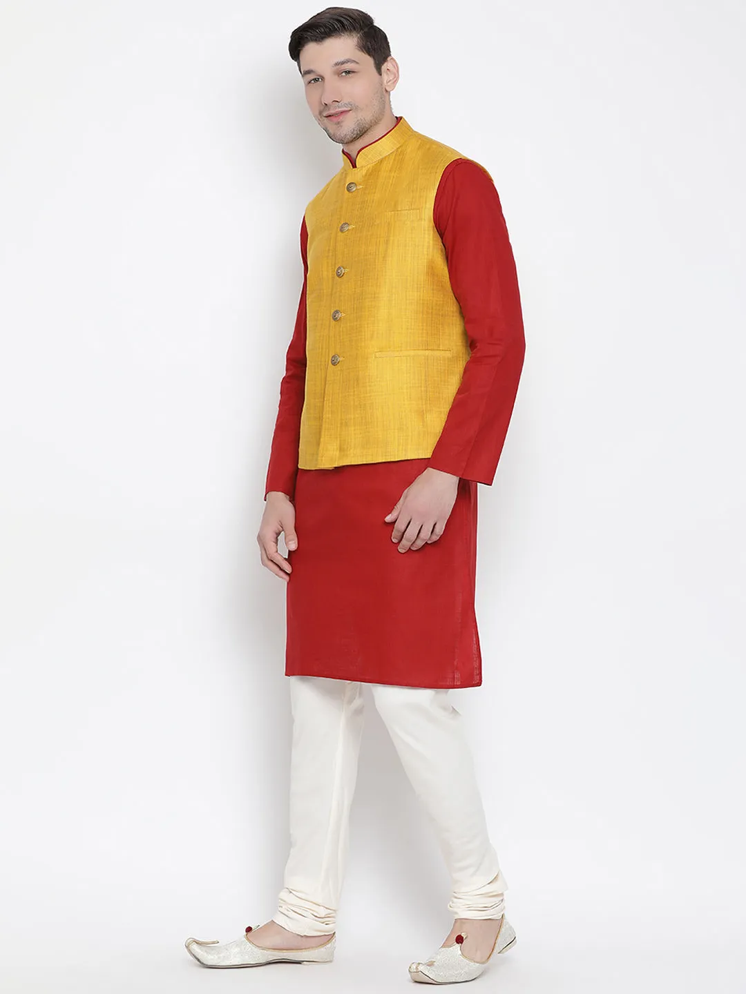 Jashvi Men's Maroon Cotton Blend Kurta, Ethnic Jacket and Pyjama Set