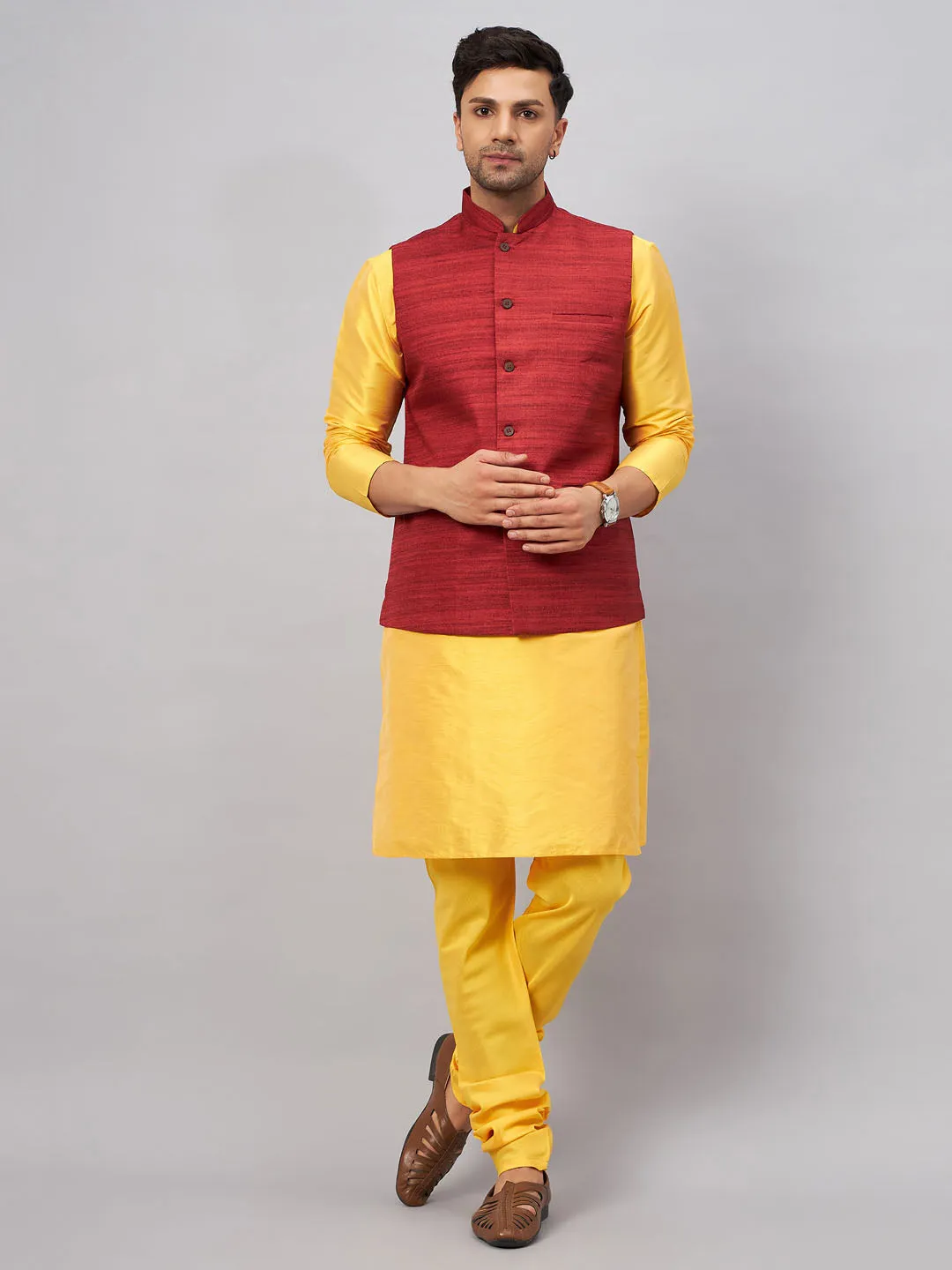 Jashvi Men's Maroon Jacket With Yellow Kurta And Pyjama Set
