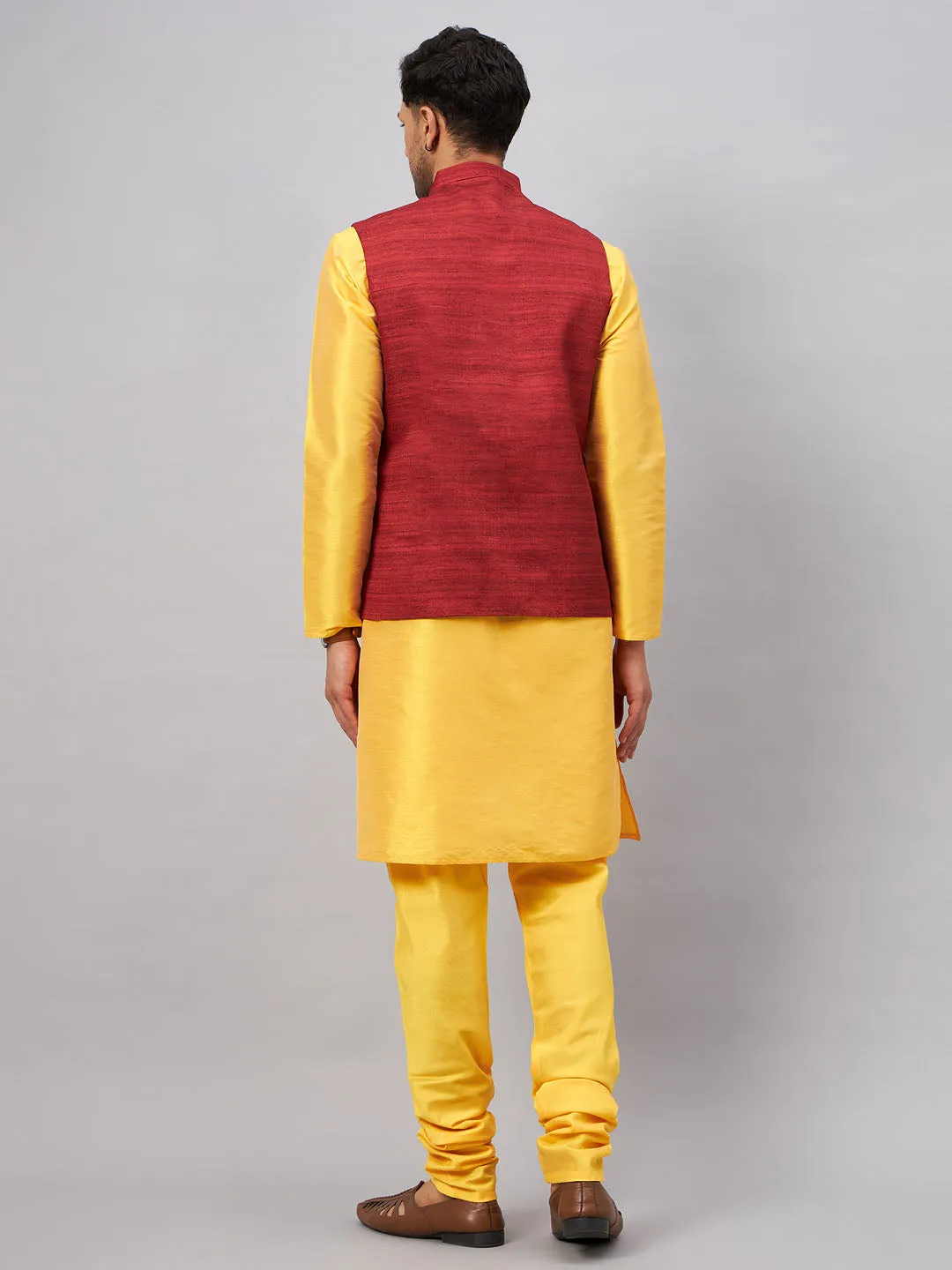 Jashvi Men's Maroon Jacket With Yellow Kurta And Pyjama Set