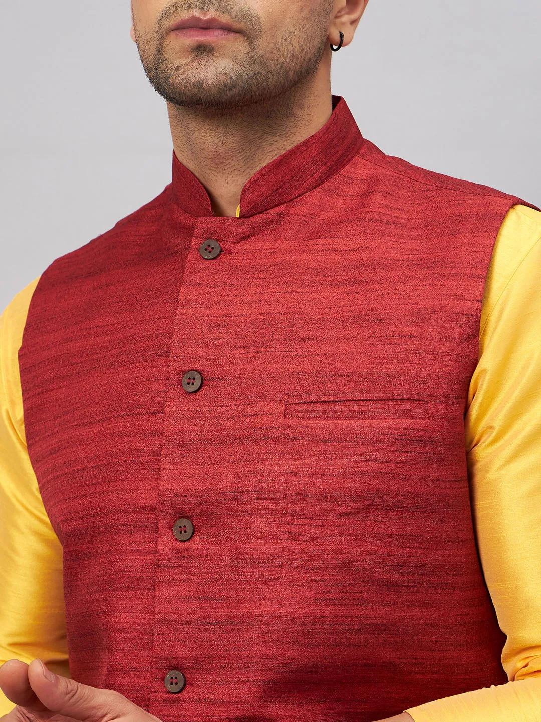 Jashvi Men's Maroon Jacket With Yellow Kurta And Pyjama Set