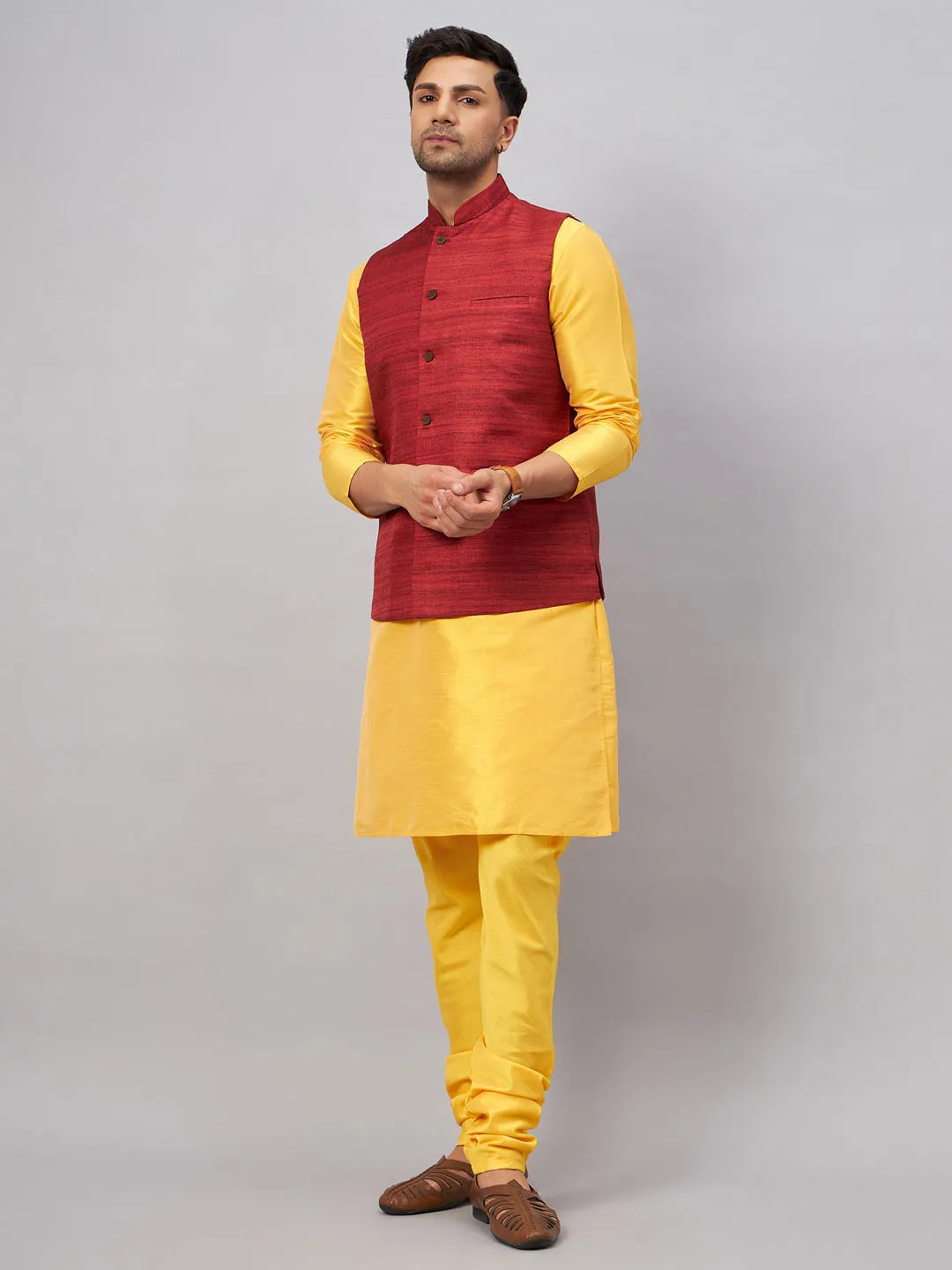 Jashvi Men's Maroon Jacket With Yellow Kurta And Pyjama Set