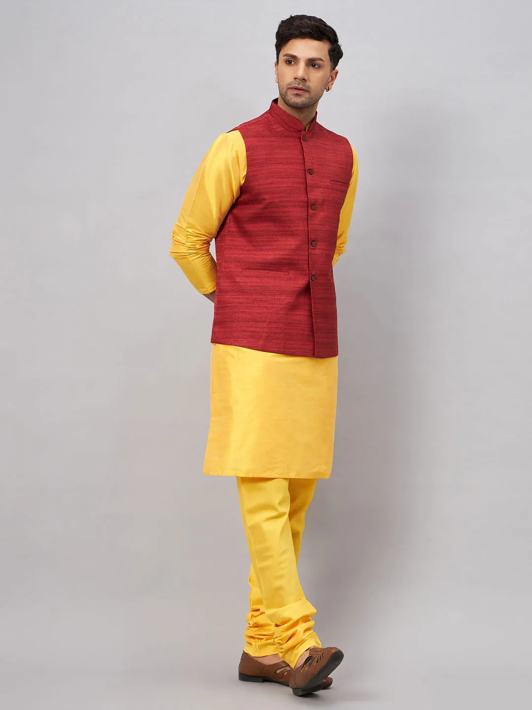 Jashvi Men's Maroon Jacket With Yellow Kurta And Pyjama Set