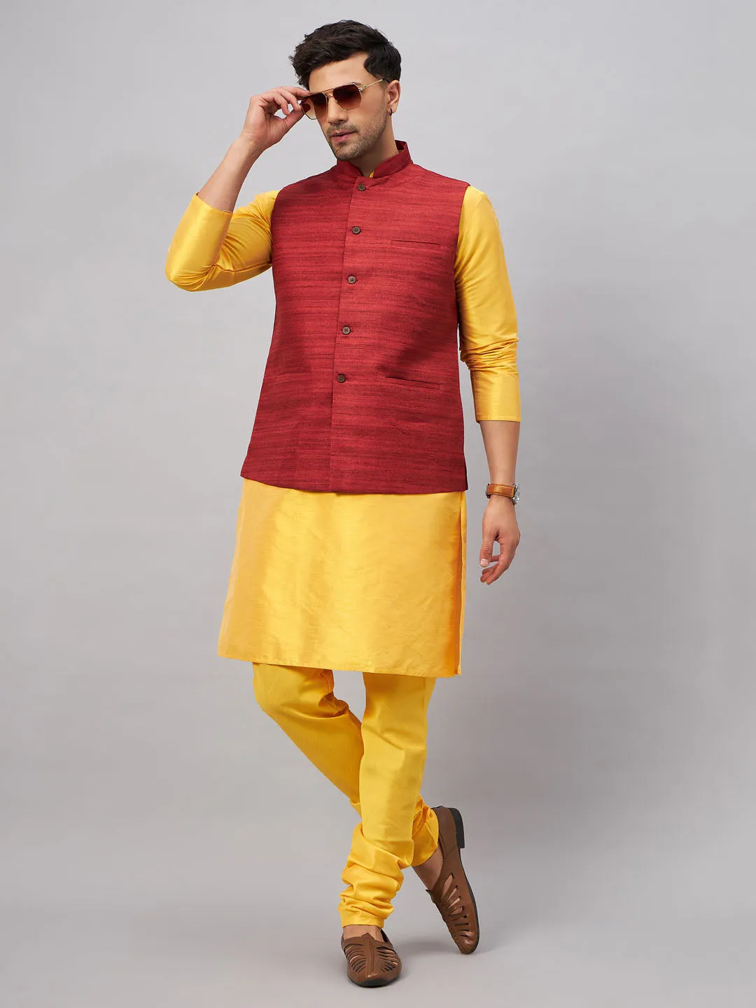 Jashvi Men's Maroon Jacket With Yellow Kurta And Pyjama Set
