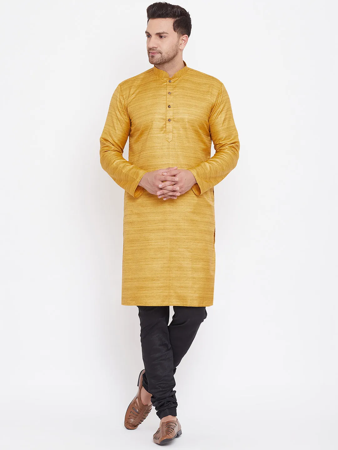 Jashvi Men's Mustard And Black Silk Blend Kurta Pyjama Set
