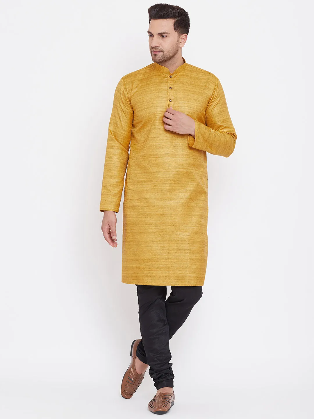Jashvi Men's Mustard And Black Silk Blend Kurta Pyjama Set
