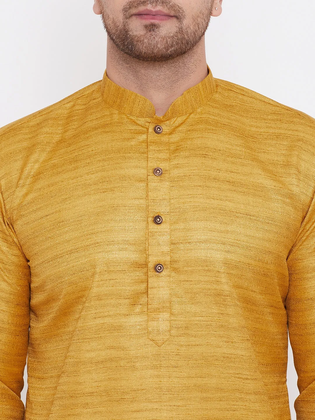 Jashvi Men's Mustard And Black Silk Blend Kurta Pyjama Set