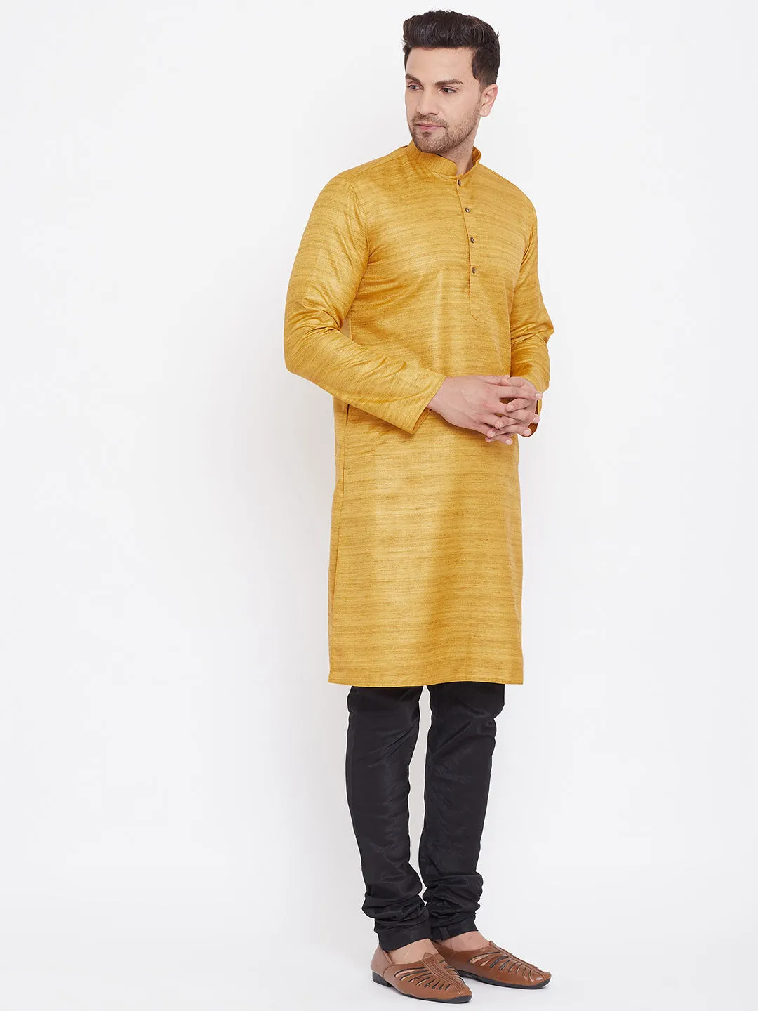 Jashvi Men's Mustard And Black Silk Blend Kurta Pyjama Set