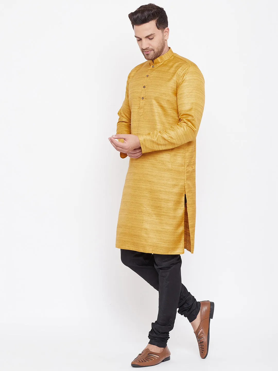 Jashvi Men's Mustard And Black Silk Blend Kurta Pyjama Set