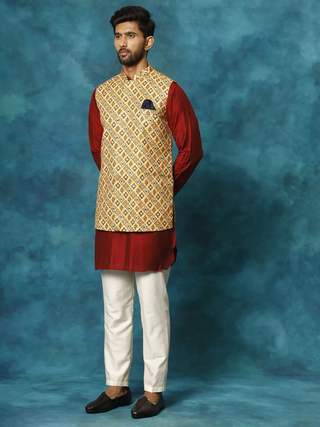 Jashvi Men's Mustard Geometric Printed Nehru Jacket With Curved Kurta And Pant Set