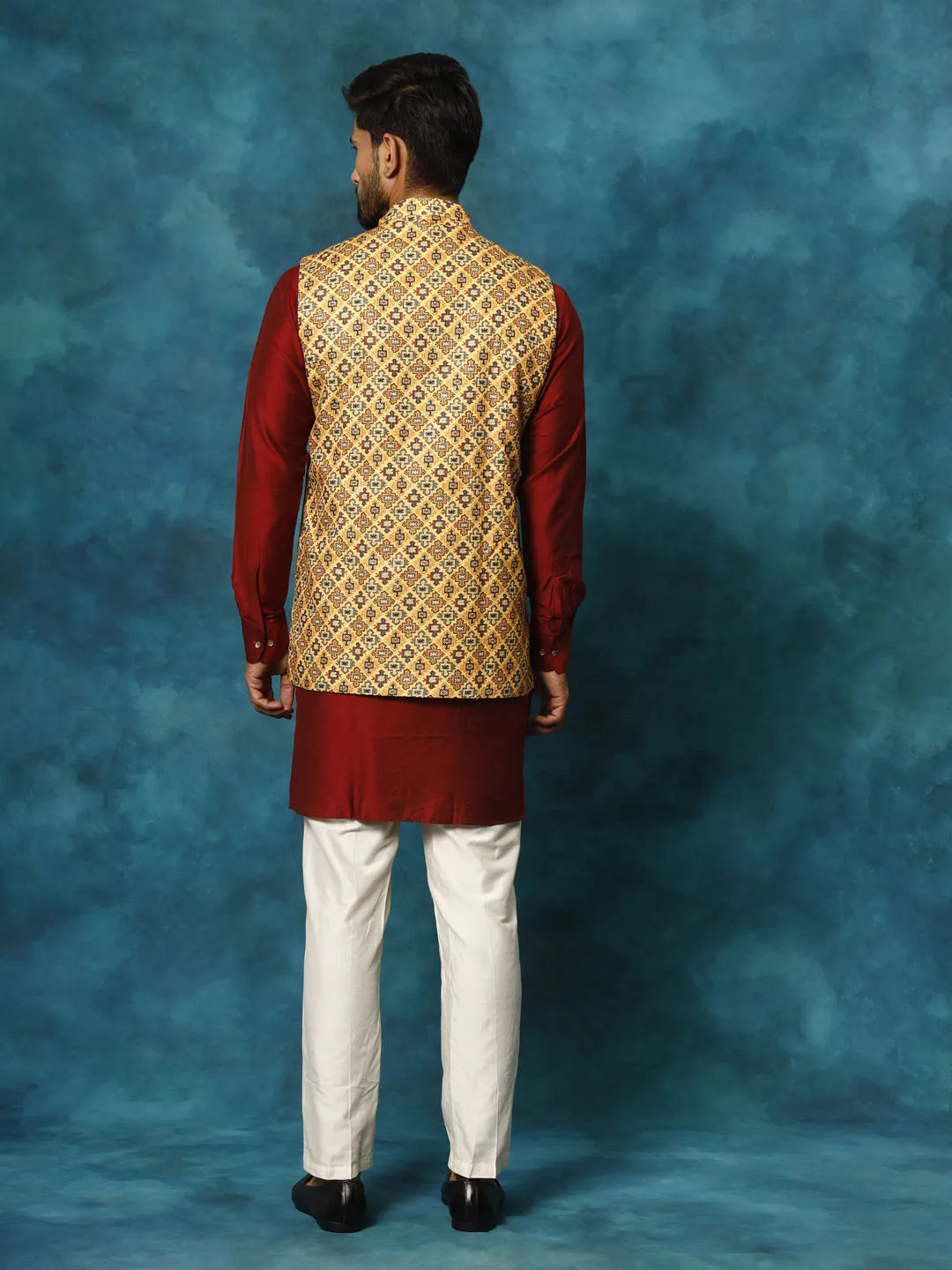 Jashvi Men's Mustard Geometric Printed Nehru Jacket With Curved Kurta And Pant Set