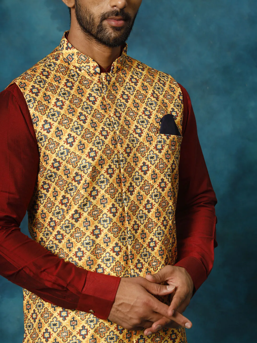 Jashvi Men's Mustard Geometric Printed Nehru Jacket With Curved Kurta And Pant Set