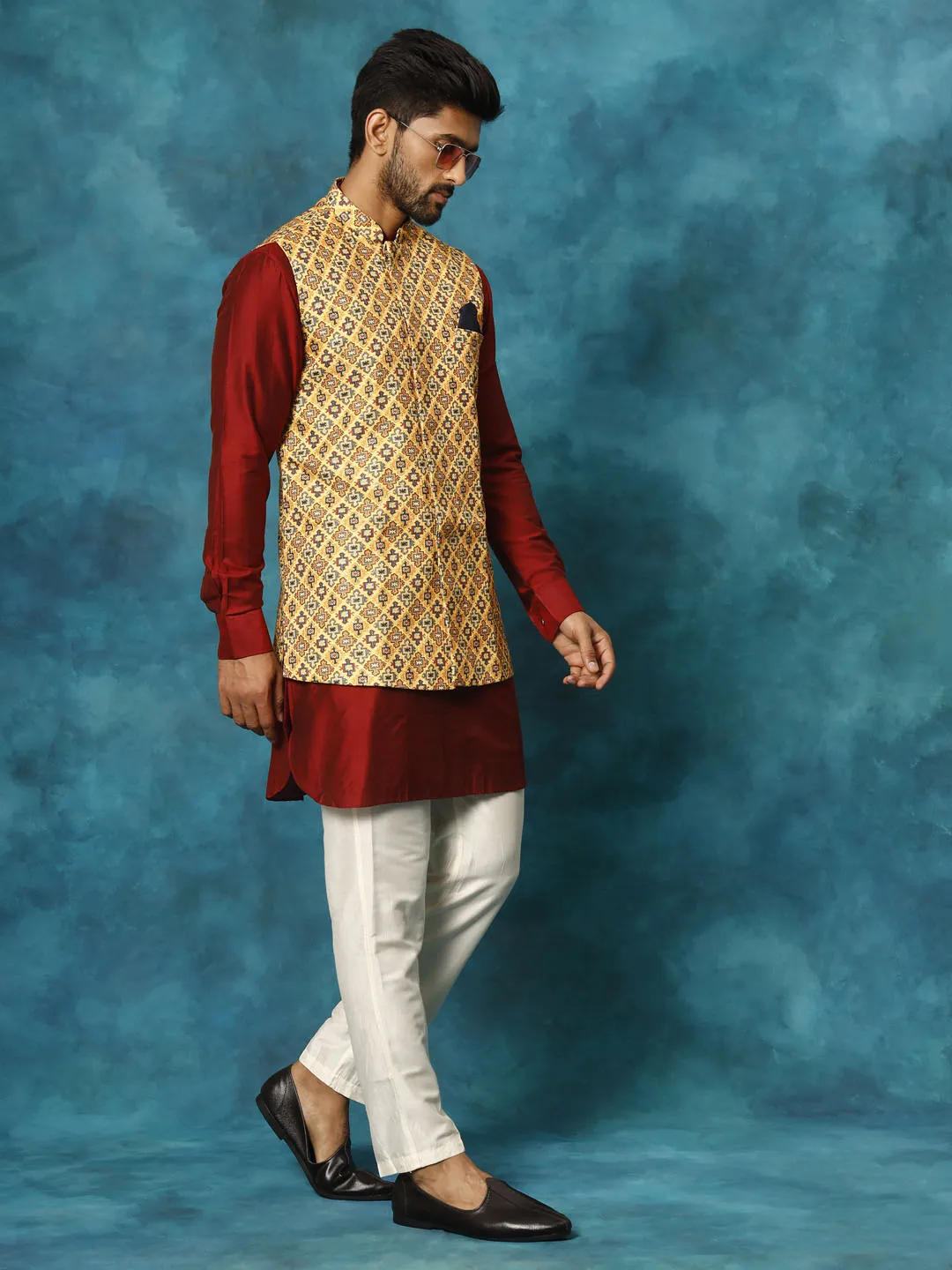 Jashvi Men's Mustard Geometric Printed Nehru Jacket With Curved Kurta And Pant Set