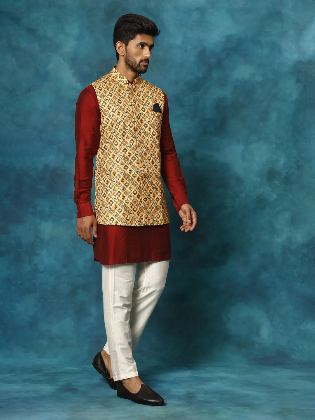 Jashvi Men's Mustard Geometric Printed Nehru Jacket With Curved Kurta And Pant Set