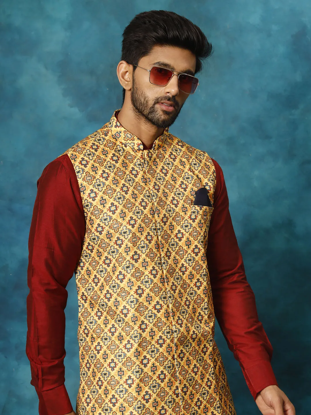 Jashvi Men's Mustard Geometric Printed Nehru Jacket With Curved Kurta And Pant Set