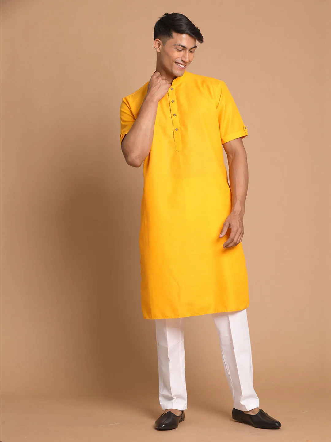 Jashvi Men's Mustard Kurta with White Pyjama Set