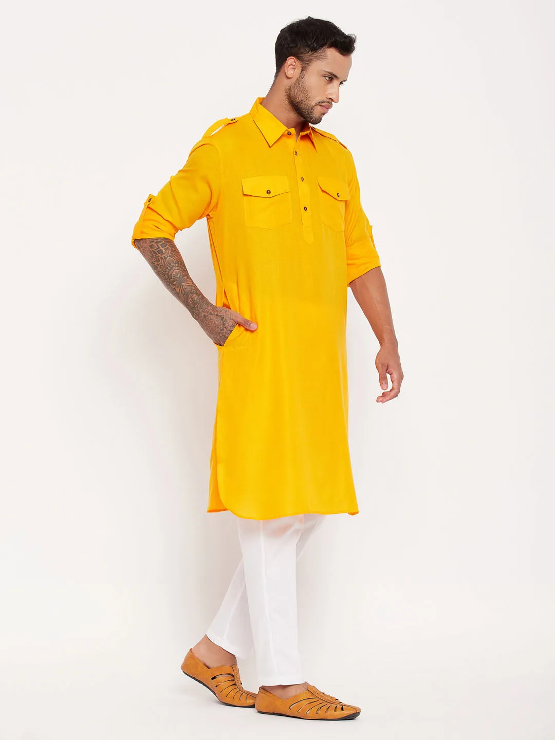 Jashvi Men's Mustard Pathani Suit With White Pant Set