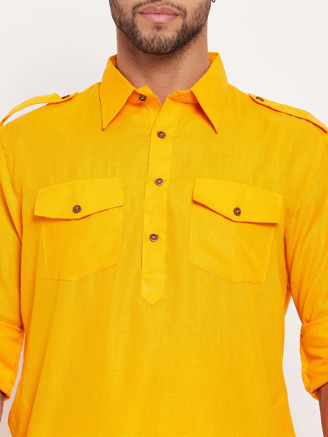 Jashvi Men's Mustard Pathani Suit With White Pant Set