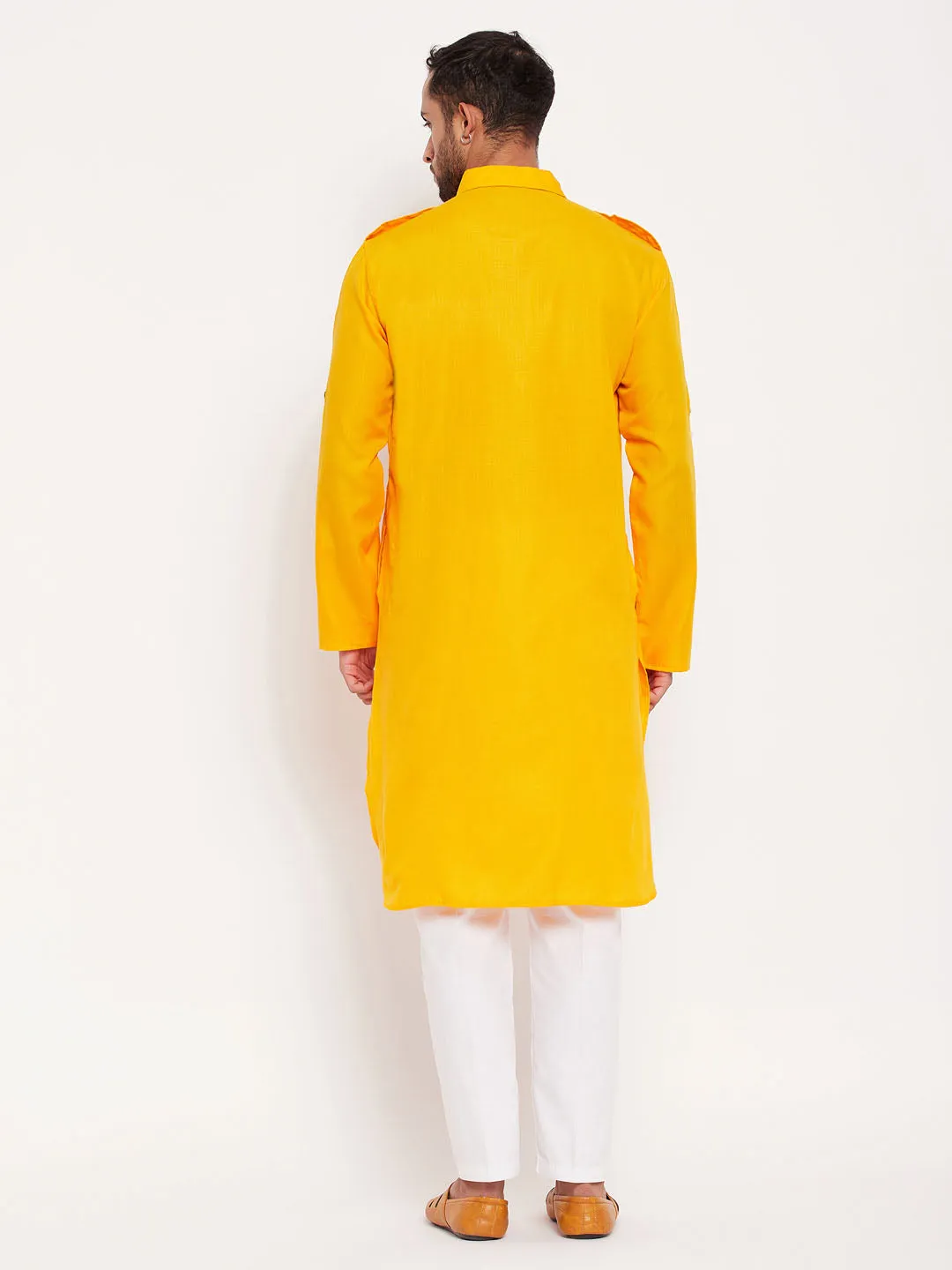 Jashvi Men's Mustard Pathani Suit With White Pant Set