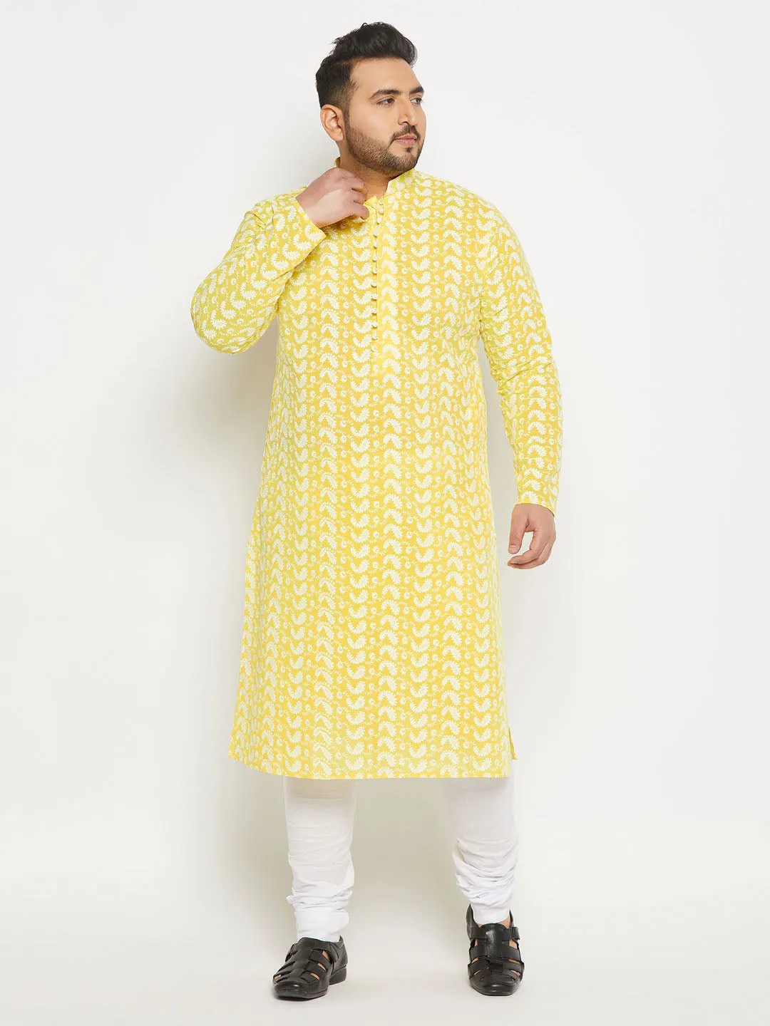 Jashvi Men's Plus Size Mustard Chikankari Embroidered Kurta And White Pyjama Set