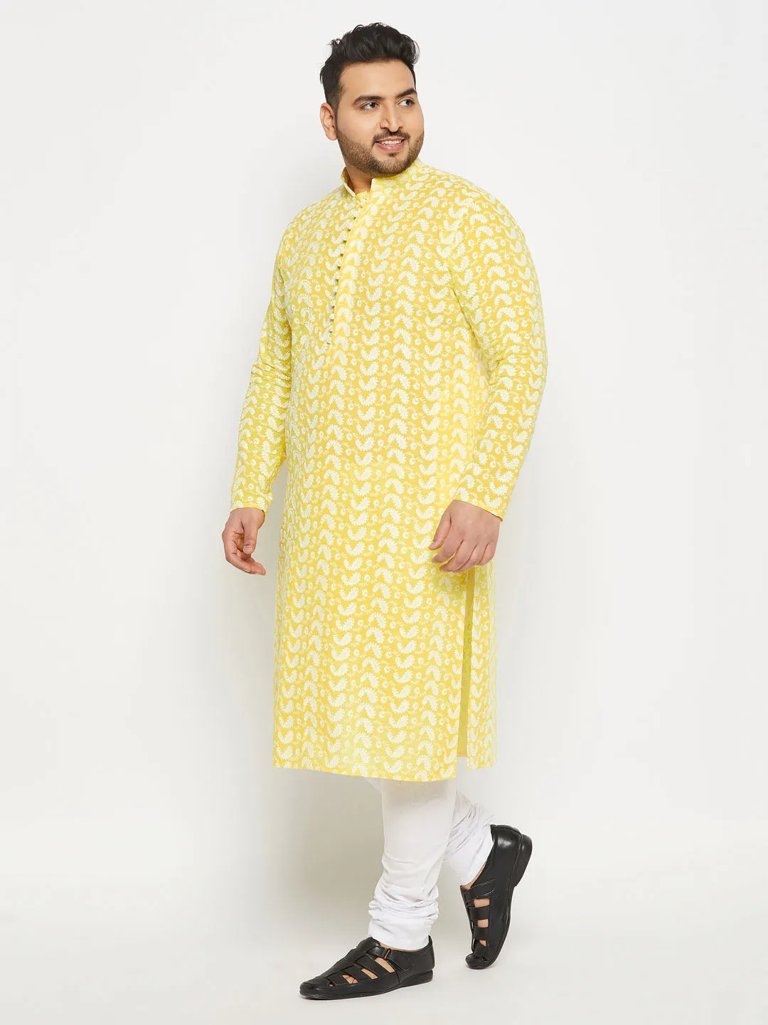 Jashvi Men's Plus Size Mustard Chikankari Embroidered Kurta And White Pyjama Set