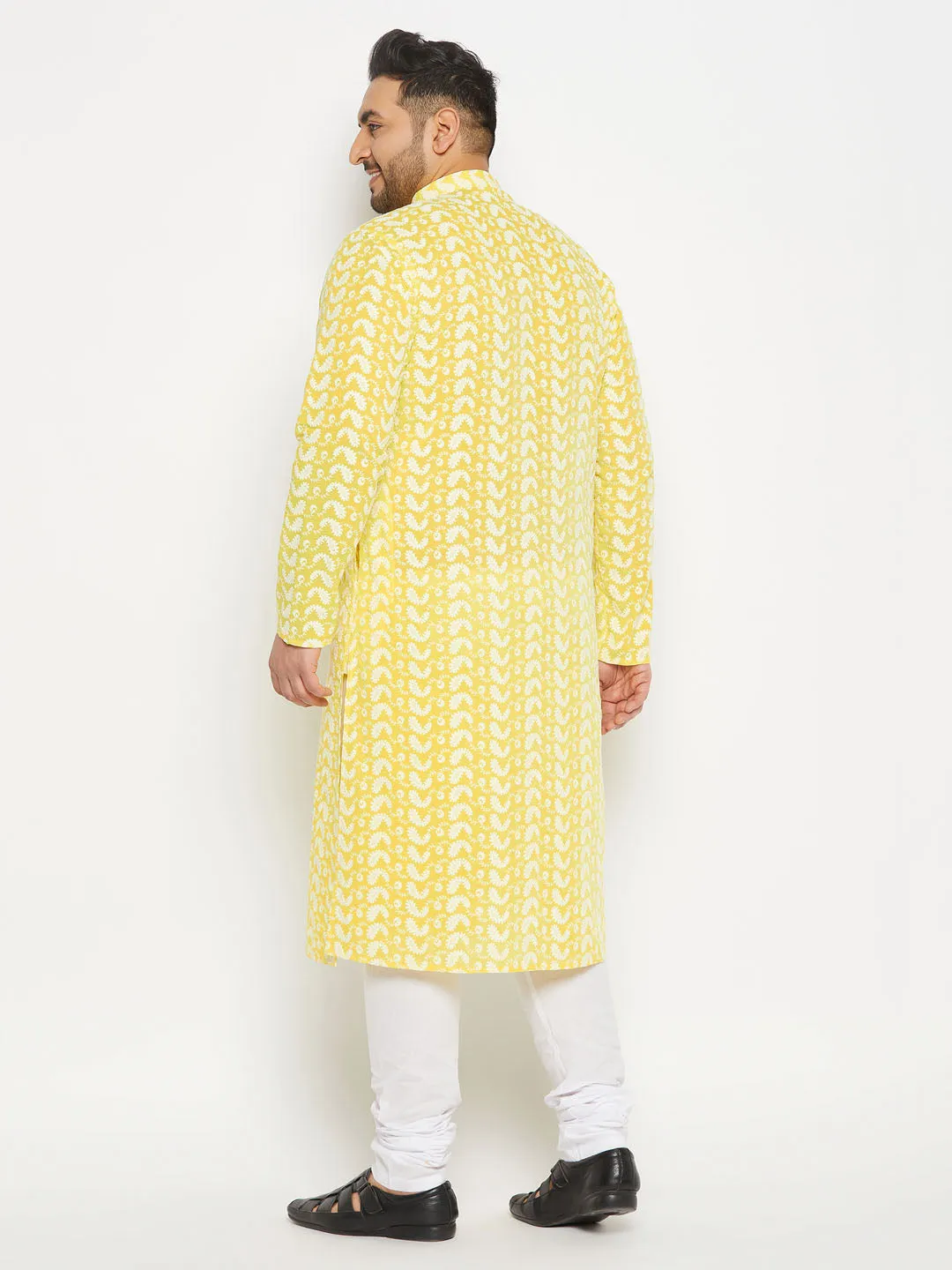Jashvi Men's Plus Size Mustard Chikankari Embroidered Kurta And White Pyjama Set