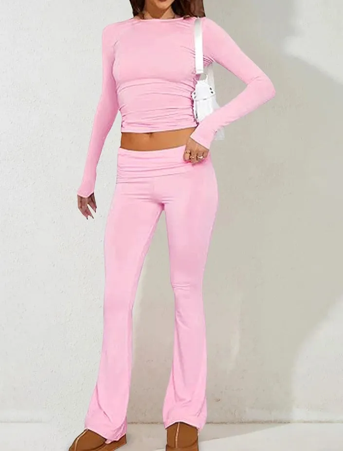 Joskaa Elegant Two Piece Set for Woman Leisure Sports Suit Y2K Solid Color O-Neck Long Sleeved T-Shirt Top Tight Knit Flared Pants Set