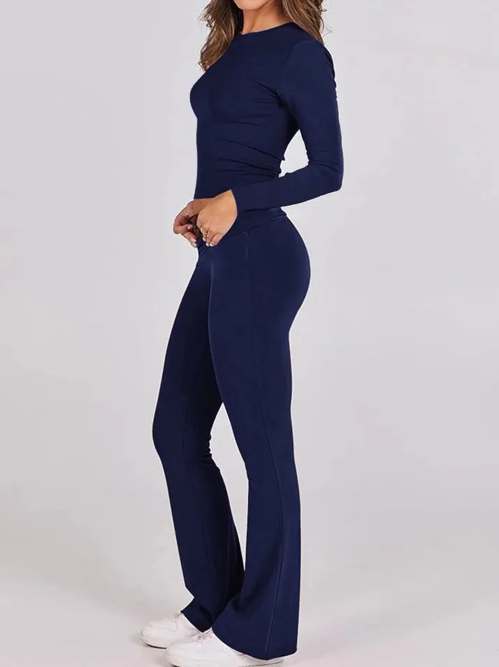Joskaa Elegant Two Piece Set for Woman Leisure Sports Suit Y2K Solid Color O-Neck Long Sleeved T-Shirt Top Tight Knit Flared Pants Set