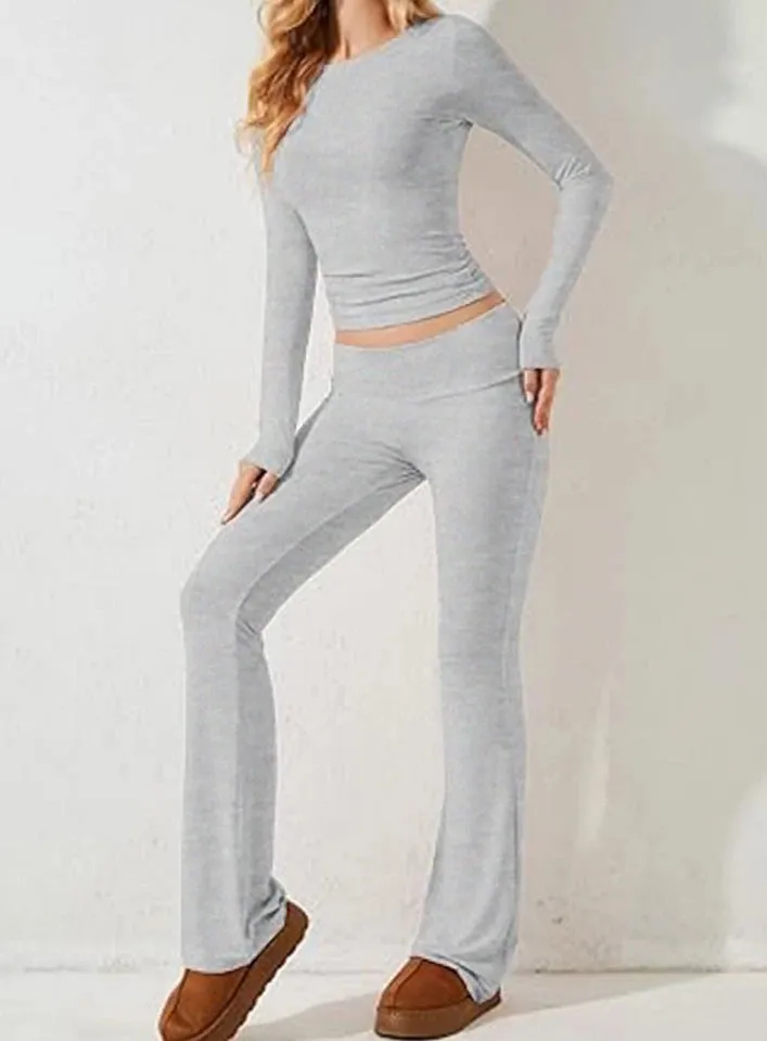 Joskaa Elegant Two Piece Set for Woman Leisure Sports Suit Y2K Solid Color O-Neck Long Sleeved T-Shirt Top Tight Knit Flared Pants Set
