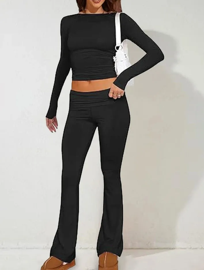 Joskaa Elegant Two Piece Set for Woman Leisure Sports Suit Y2K Solid Color O-Neck Long Sleeved T-Shirt Top Tight Knit Flared Pants Set