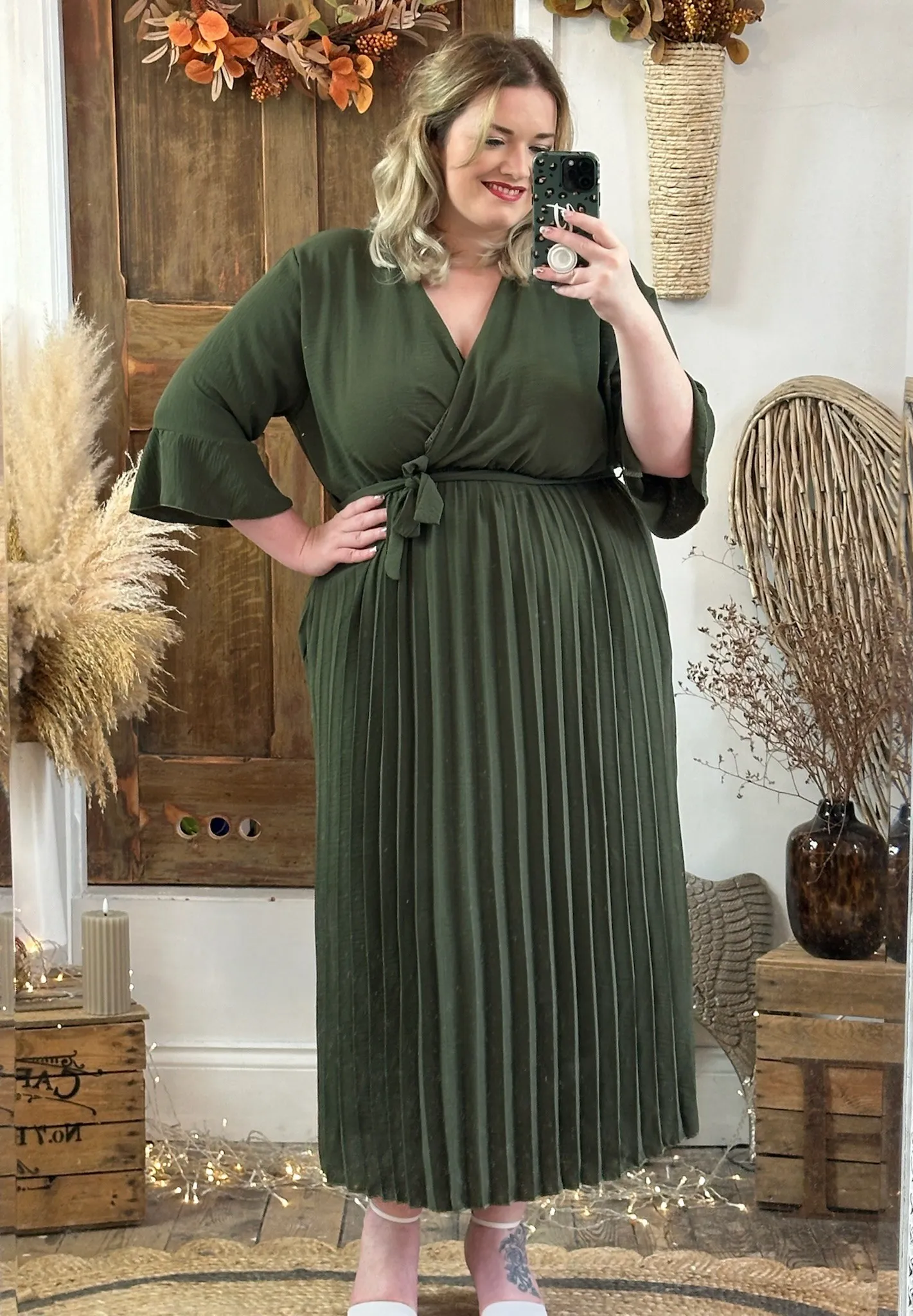 Khaki Rowan Pleated Midaxi Dress
