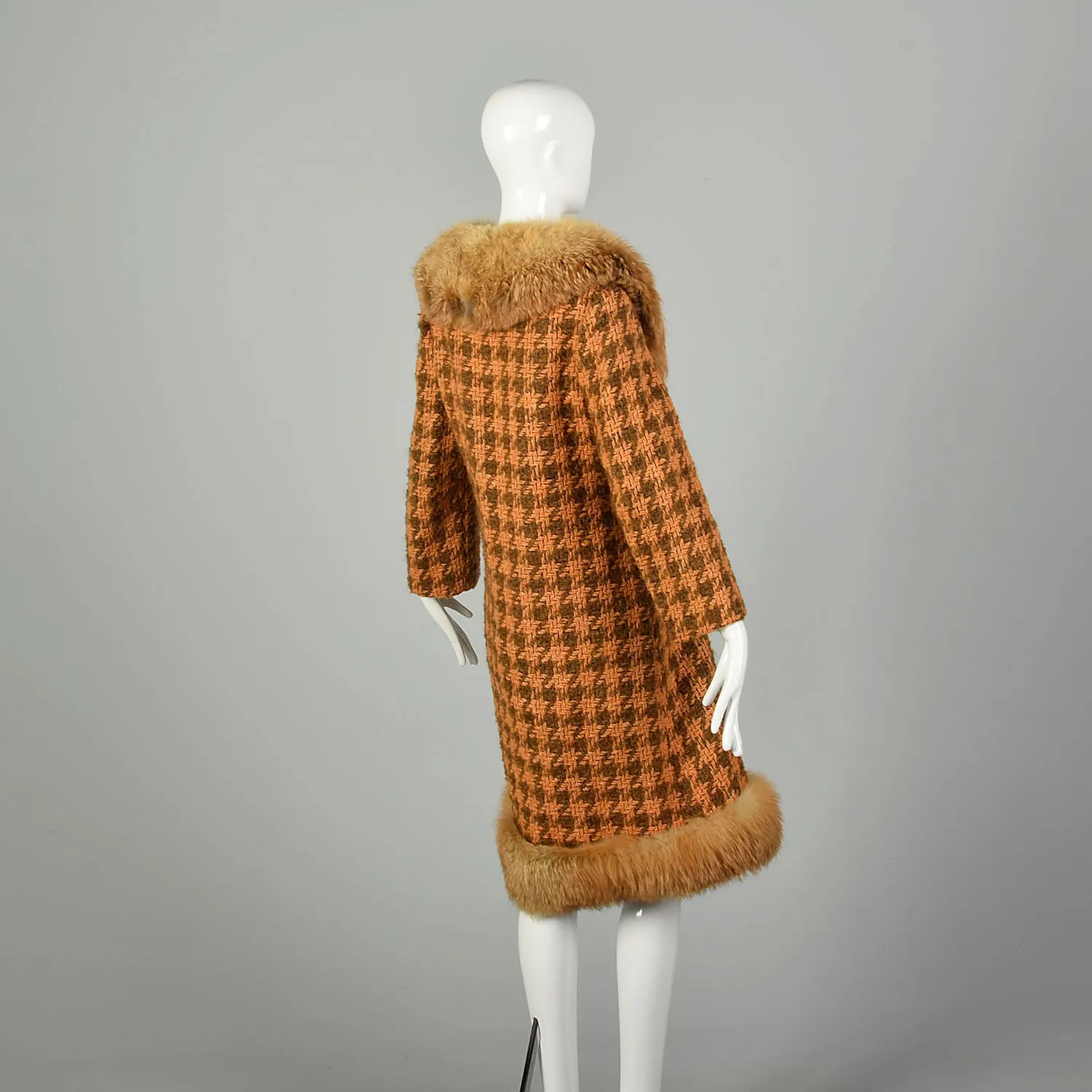 Large 1970s Coat Orange Brown Chunky Boucle Tweed Wool Real Fox Fur Winter