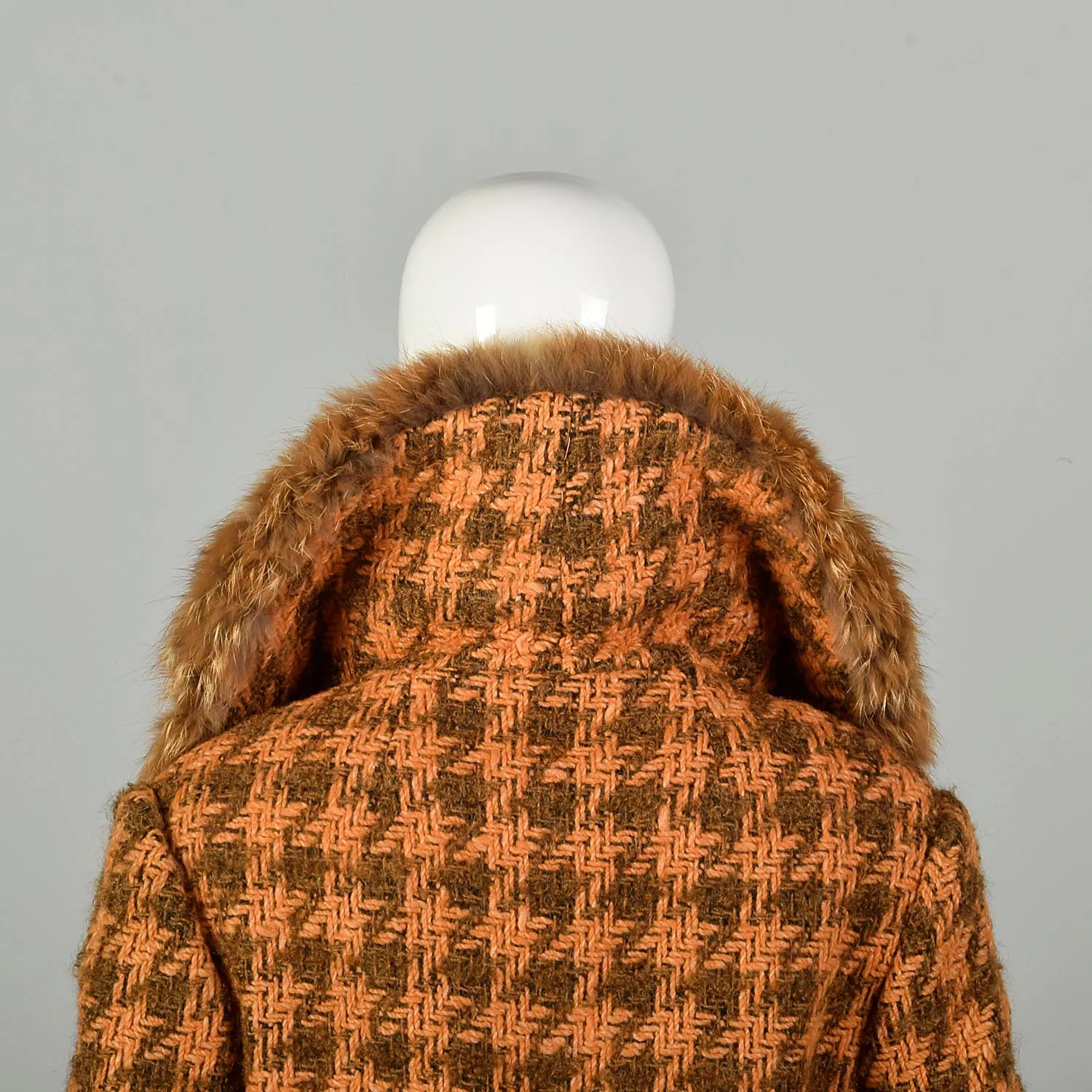Large 1970s Coat Orange Brown Chunky Boucle Tweed Wool Real Fox Fur Winter