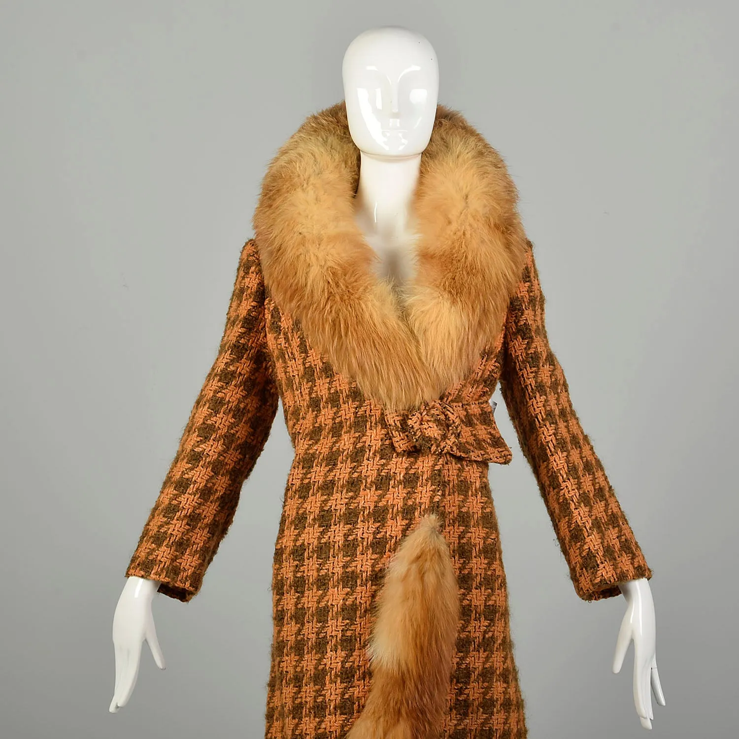 Large 1970s Coat Orange Brown Chunky Boucle Tweed Wool Real Fox Fur Winter