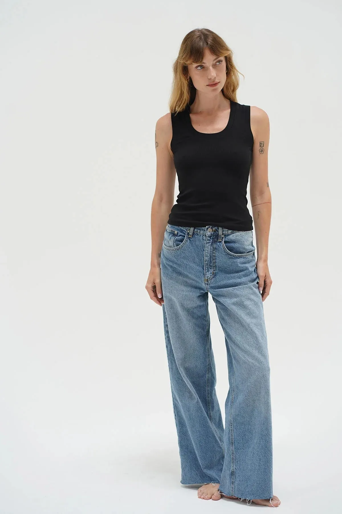 LNA Deep U Basic Black Ribbed Tank