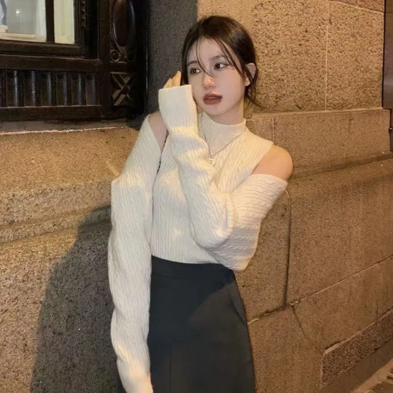 Nukty-shop fall outfit men Knitted Vest Outer Shawl Cardigan Two-Piece Set Autumn and Winter Korean Style Half Turtleneck Light Mature Sweater for Women