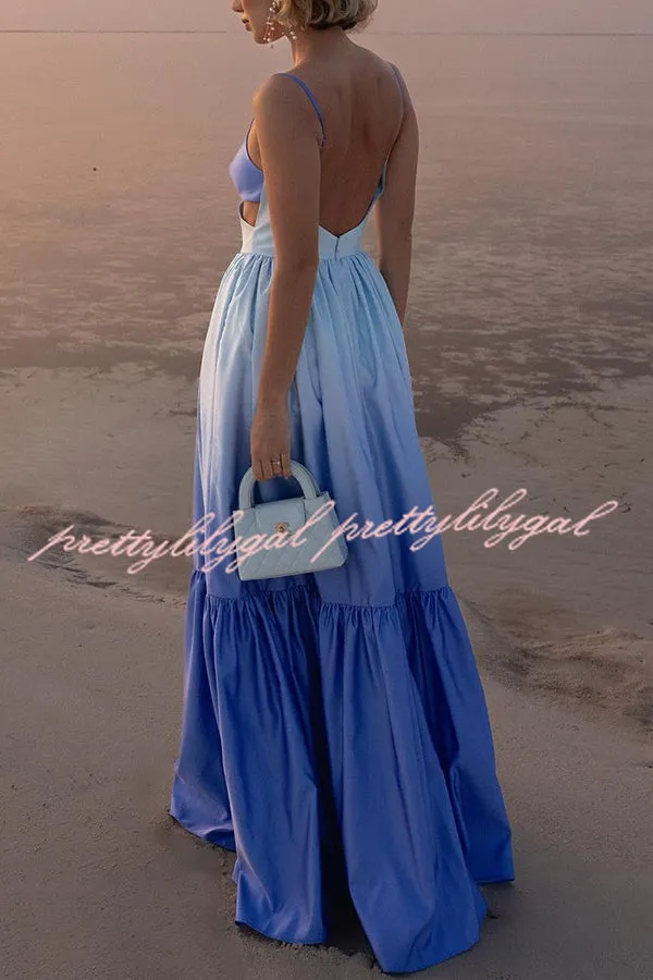 Ocean Breeze Gradient Color Print Cutout Waist Tiered Maxi Dress