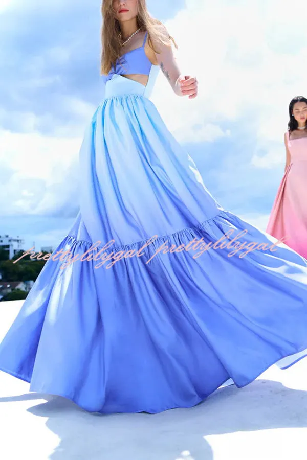 Ocean Breeze Gradient Color Print Cutout Waist Tiered Maxi Dress