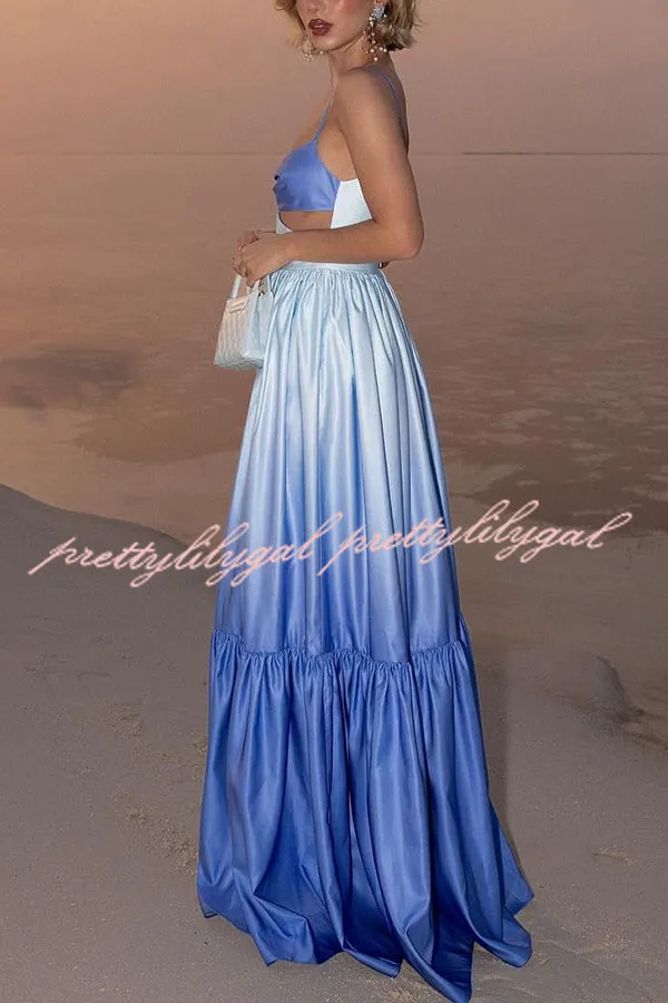 Ocean Breeze Gradient Color Print Cutout Waist Tiered Maxi Dress