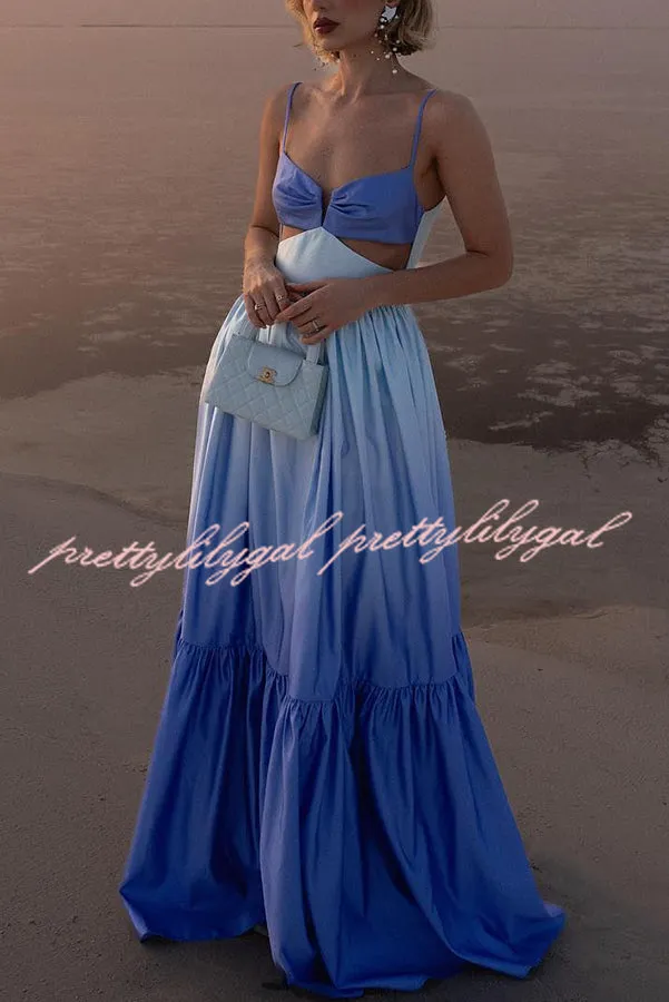 Ocean Breeze Gradient Color Print Cutout Waist Tiered Maxi Dress
