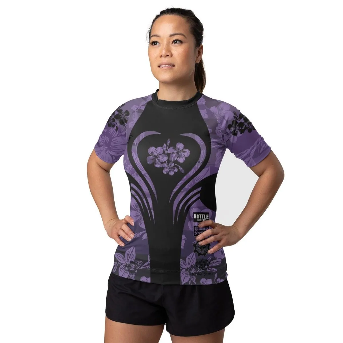 Orchid Series Floral Violet Heart Pattern Women's Short Sleeve Rash Guard