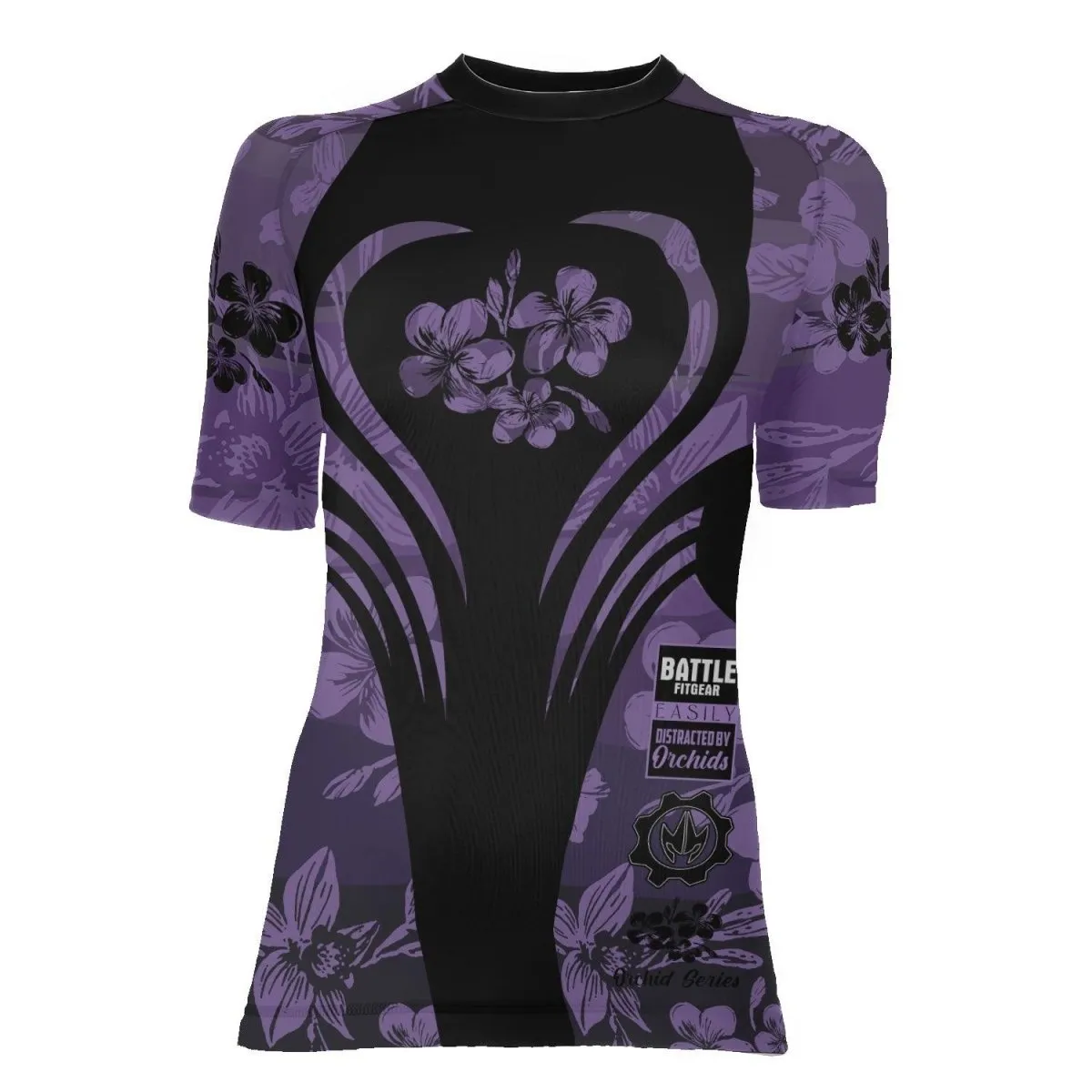 Orchid Series Floral Violet Heart Pattern Women's Short Sleeve Rash Guard
