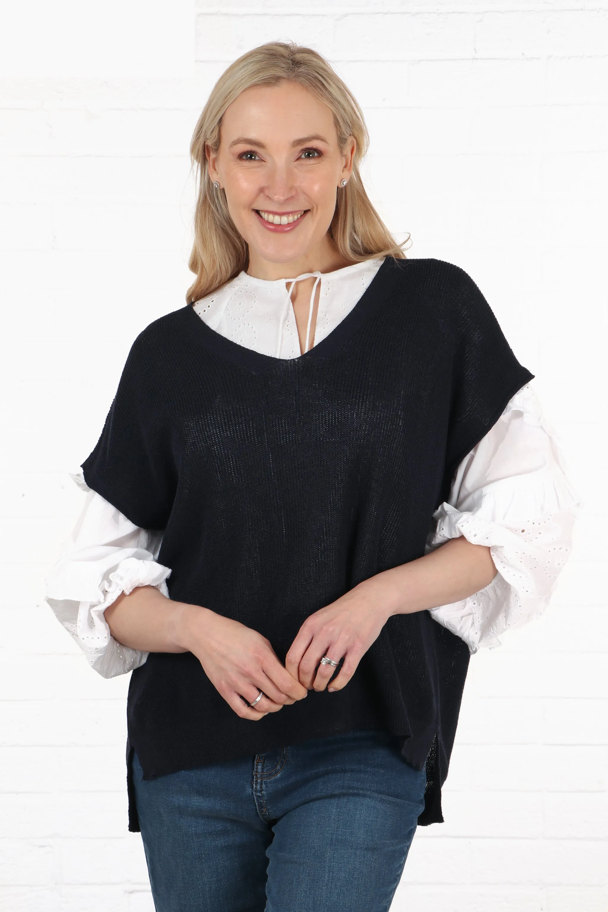 Plain Cotton V-Neck Lightweight Tank Top in Navy Blue