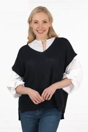 Plain Cotton V-Neck Lightweight Tank Top in Navy Blue