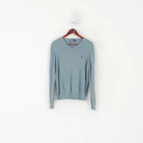 Polo by Ralph Lauren Men L Jumper Green Blue 100% Cotton V Neck Sweater
