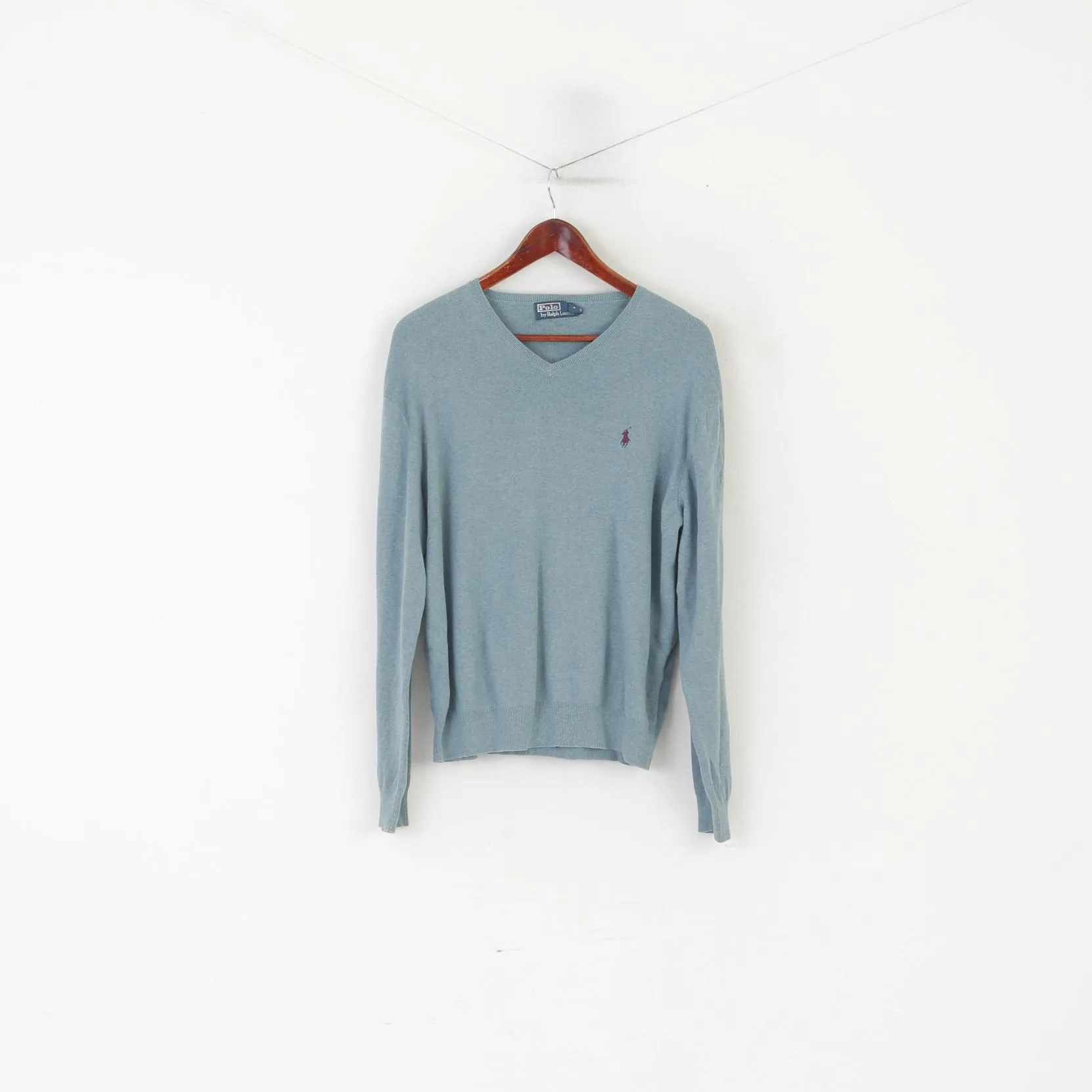 Polo by Ralph Lauren Men L Jumper Green Blue 100% Cotton V Neck Sweater