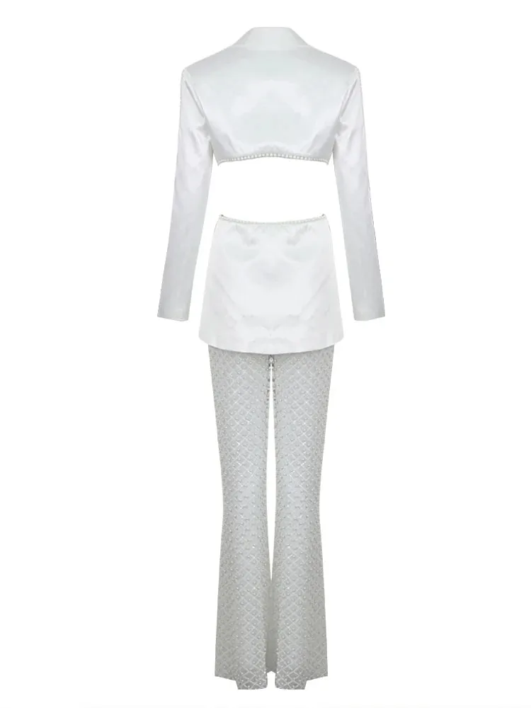 Pre Order:  White V-Neck Pearl Beaded Blazer   Pearl Beaded Flared Pants