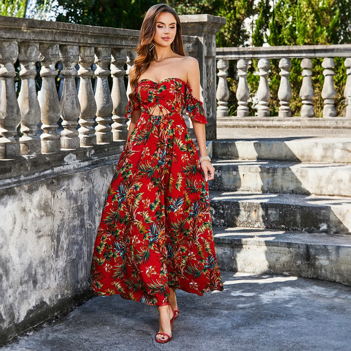 Printed Hollow Out Cutout Tied Dress